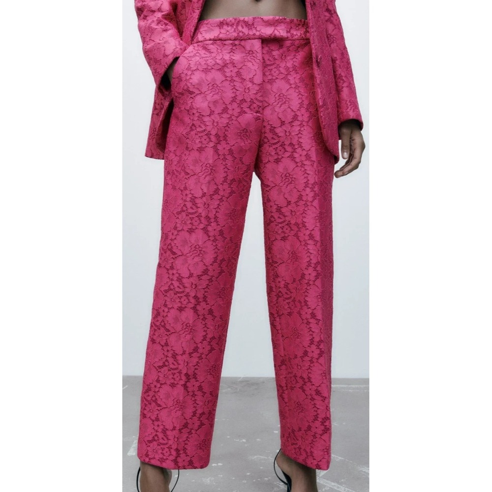NEW ZARA WOMAN NWT SS22 FUCHSIA LACE ANKLE PANTS SIZES MED